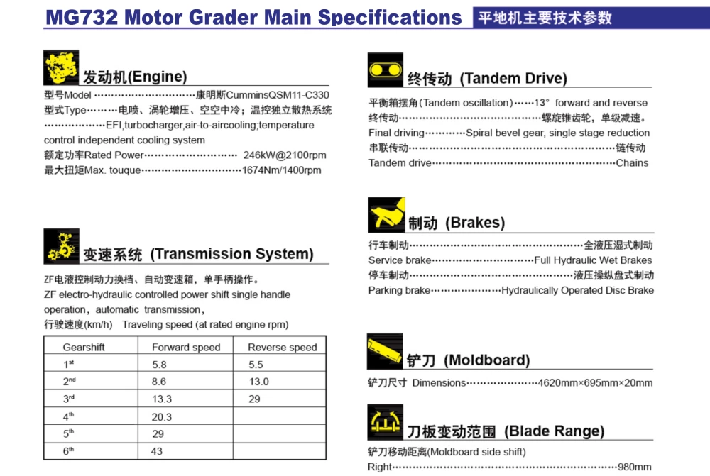 JCBASE Motor Grader MG732 With Cummins electronically controlled engine